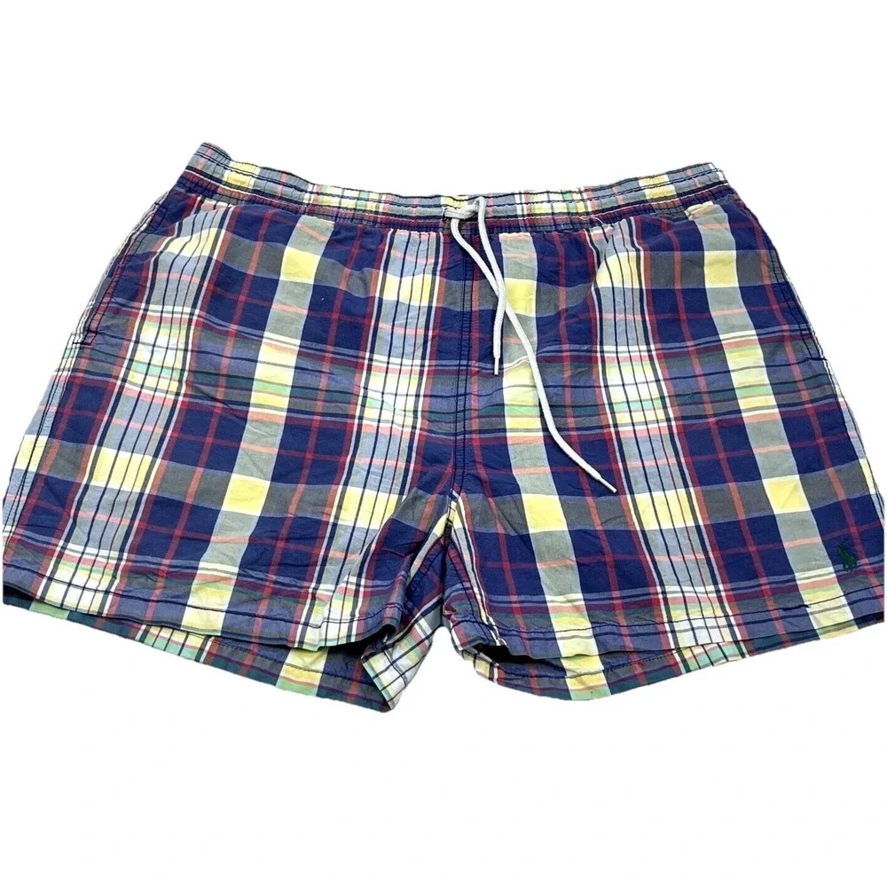 Vintage Polo Ralph Lauren Swim Trunks Men XL Blue Bored Shorts 90s Tartan Plaid‎